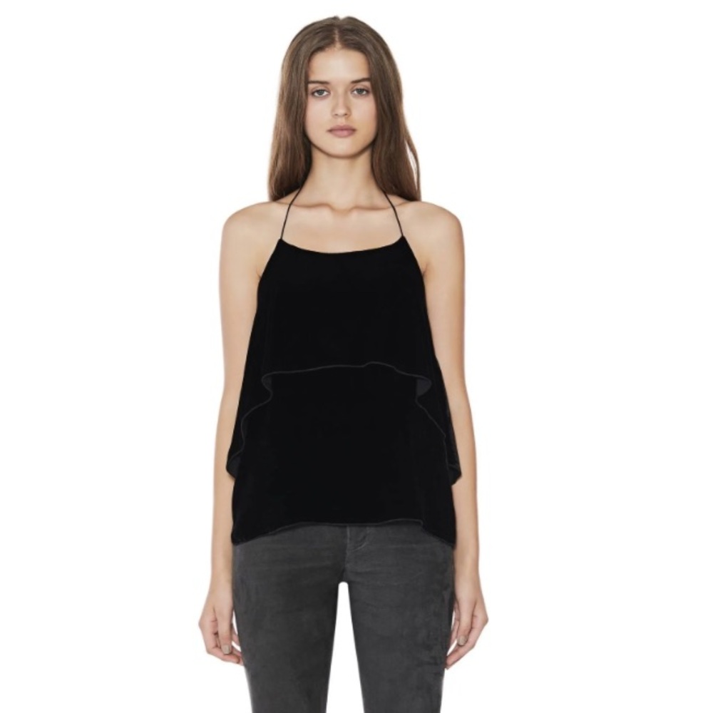 ALICE + OLIVIA Marybeth Black Velvet Halter Top Silk Blend Tiered Ruffle